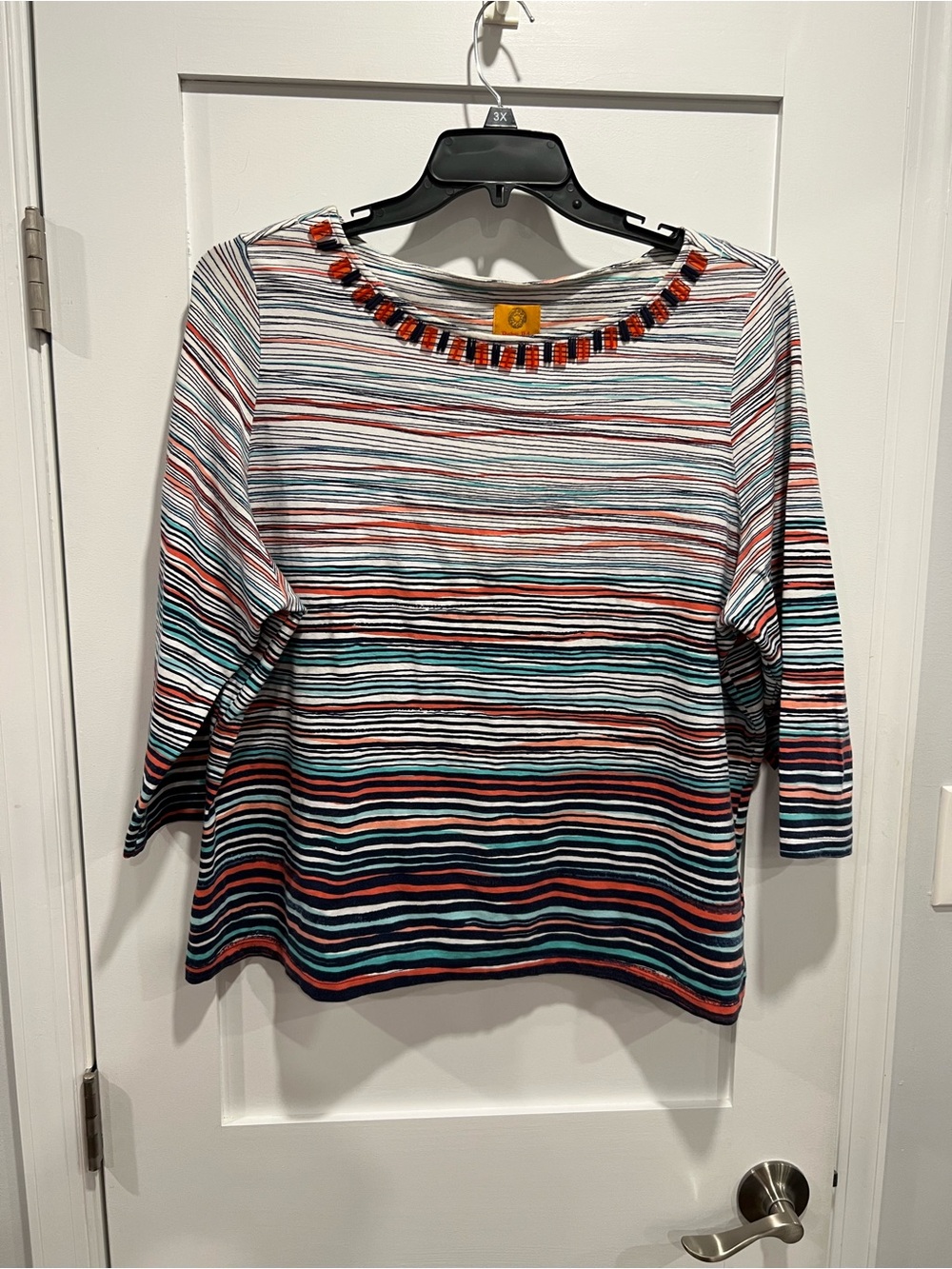 Ruby Rd. Striped Knit Top with Beaded Neckline - Red, Teal, Navy, Black, White